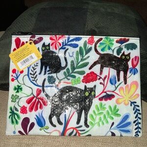 Blue Q Black Cat Floral Zip Pouch - Colorful Cat Print Recycled Material NWT